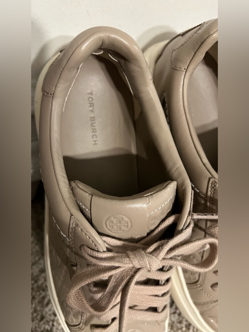 Tory Burch Taupe Leather T Monogram Sneakers - Picture 2 of 4